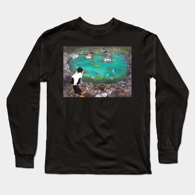 Tuxedo Cats at the Koi Pond Long Sleeve T-Shirt by KarenZukArt